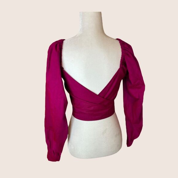 🩷 KARAH MADE IN CALIFORNIA HOT PINK WRAP CROP TOP LONG SLEEVE SMALL - Picture 3 of 7